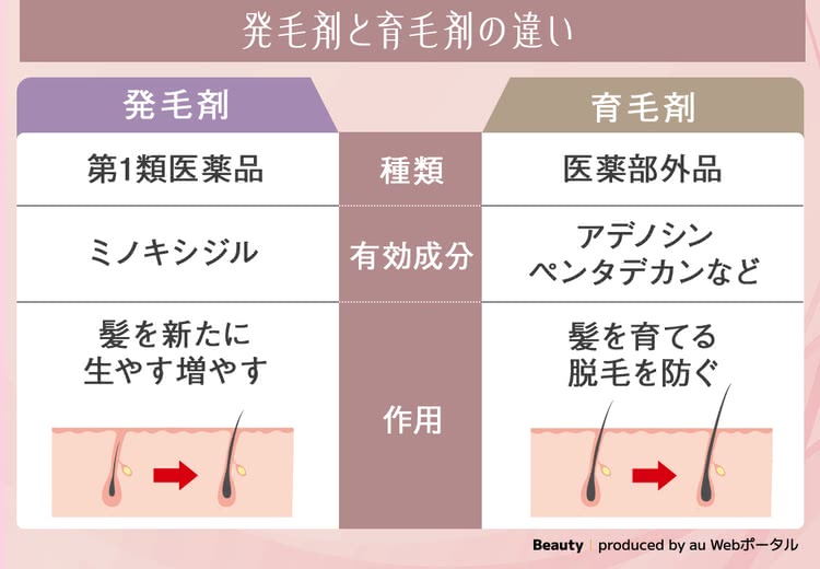 育毛剤と発毛剤の違い、発毛剤、育毛剤、第1類医薬品　医薬部外品、有効成分：ミノキシジル　アデノシン、ペンタデカンなど、作用：髪を新たに生やす増やす　髪を育てる脱毛を防ぐ