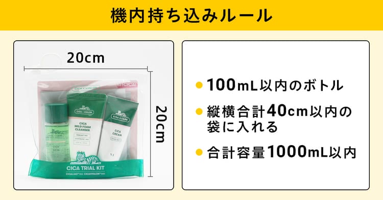 スキンケアトラベルセットの機内持ち込み可能容量