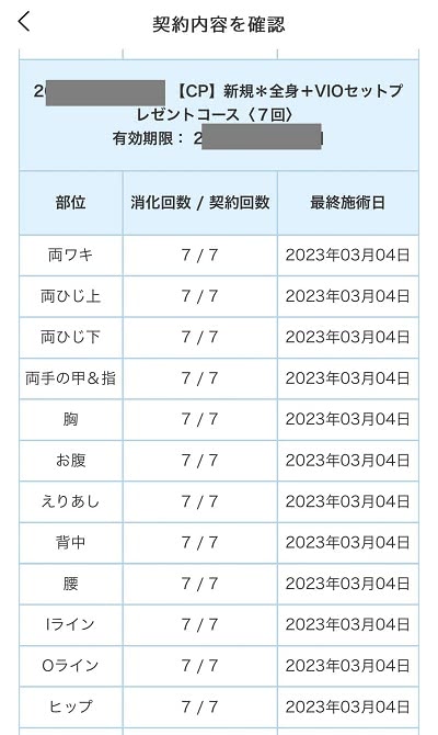 アリシアクリニックに通った方の契約内容画面